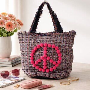Circus by Sam Edelman Tweed Tote Bag Pom Pom Peace Sign